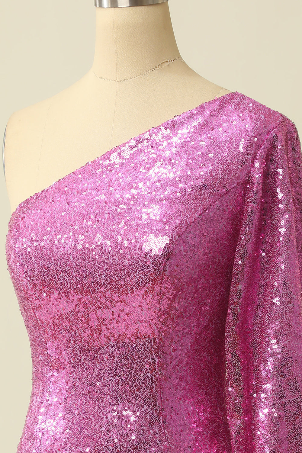 One Shoulder Fuchsia Sequined Homecoming Dress