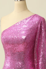 One Shoulder Fuchsia Sequined Homecoming Dress