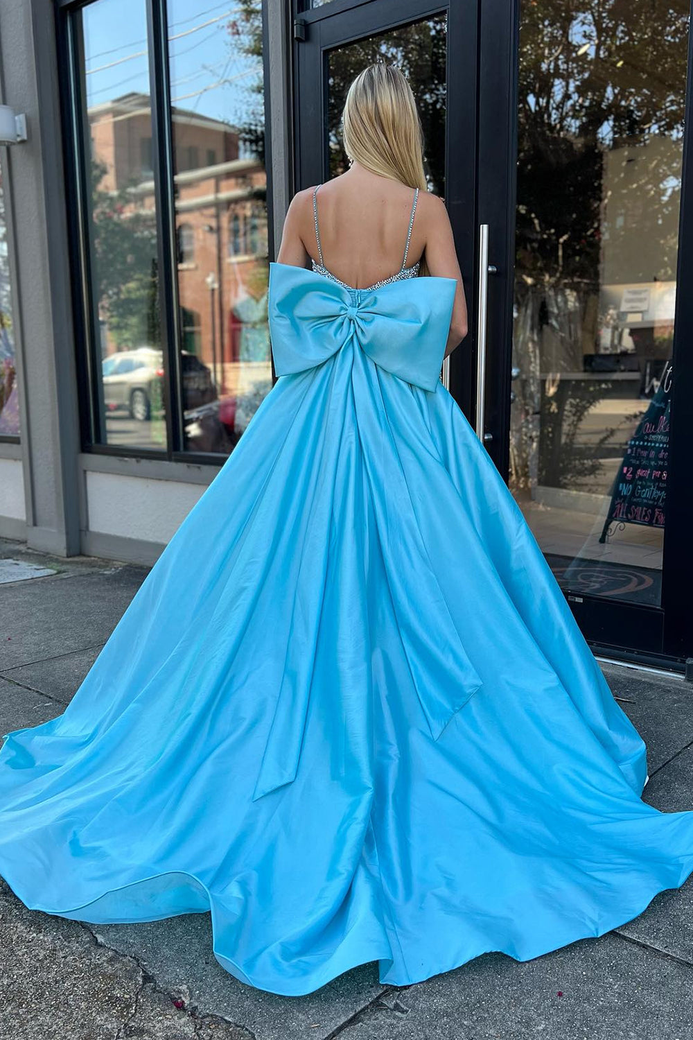 A Line Blue Beaded Long Prom Dress With Bowknot