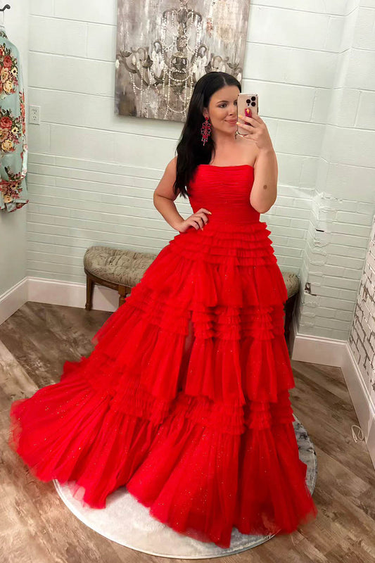 Glitter Red Strapless Tulle Long Tiered Prom Dress with Slit