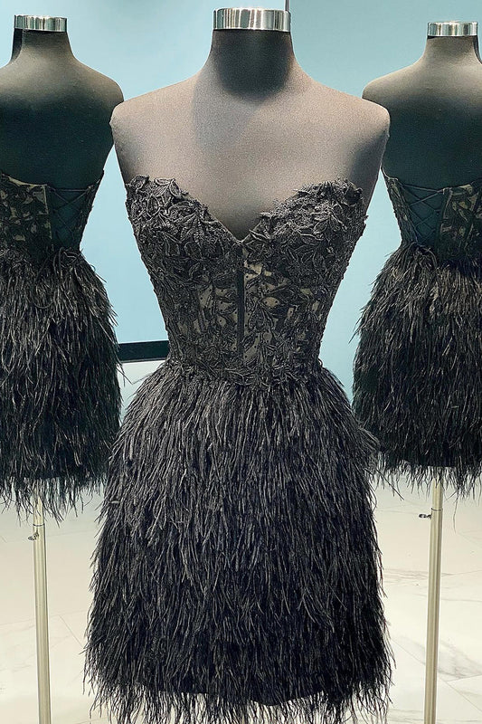 Black Lace Tight Short Homecoming Dress with Feathers