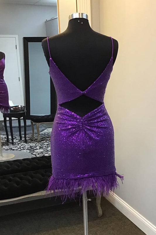 Sparkly Purple Sequin Open Back Tight Short Homecoming Dress with Feathers