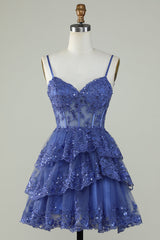 Sparkly Blue Corset Spaghetti Straps A Line Lace Short Homecoming Dress