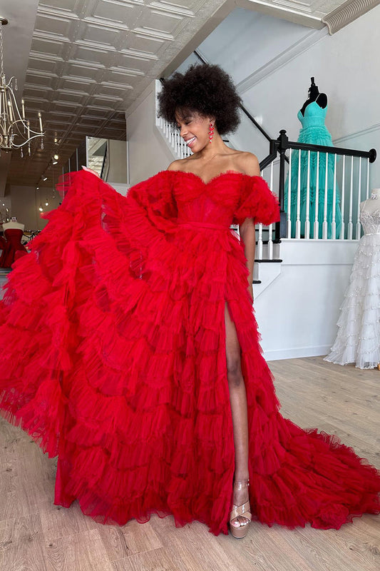 Red Off the Shoulder Tiered Ruffled Long Prom Dress with Slit