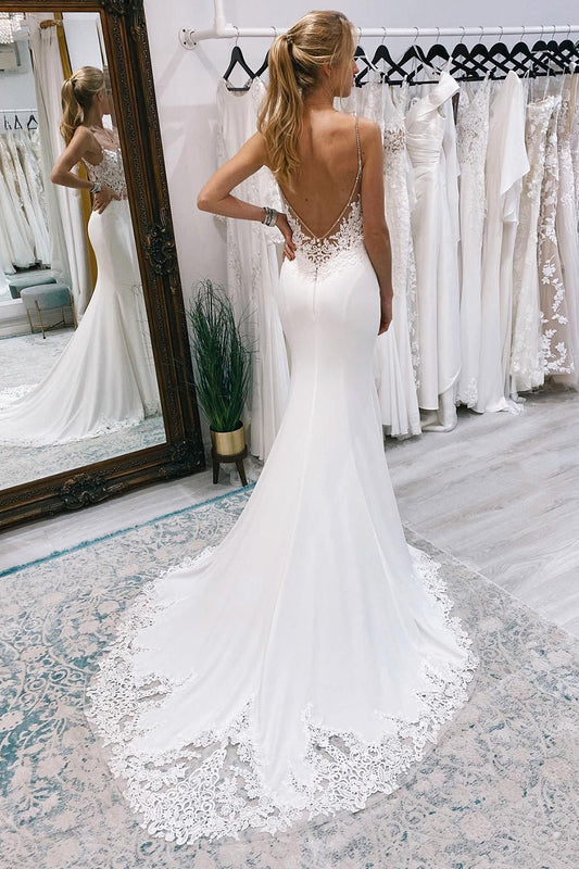 Stunning White Mermaid Sweep Train Boho Wedding Dress with Lace