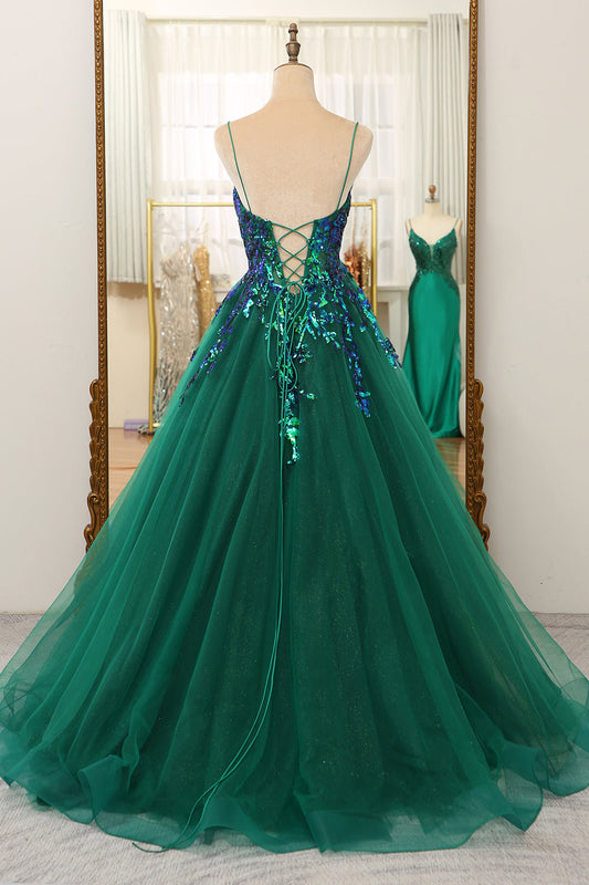 Green Sequin Tulle Spaghetti Straps A-Line Sleeveless Prom Dress