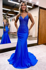 Sparkly Mermaid Royal Blue Beaded Long Prom Dress with Appliques