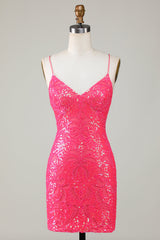 Sparkly Fuchsia Lace-Up Back Tight Short Homecoming Dress with Beading