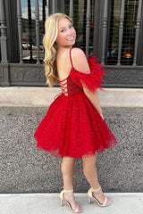 Glitter Red A-Line Sequins Tulle Short Homecoming Dress with Feathers