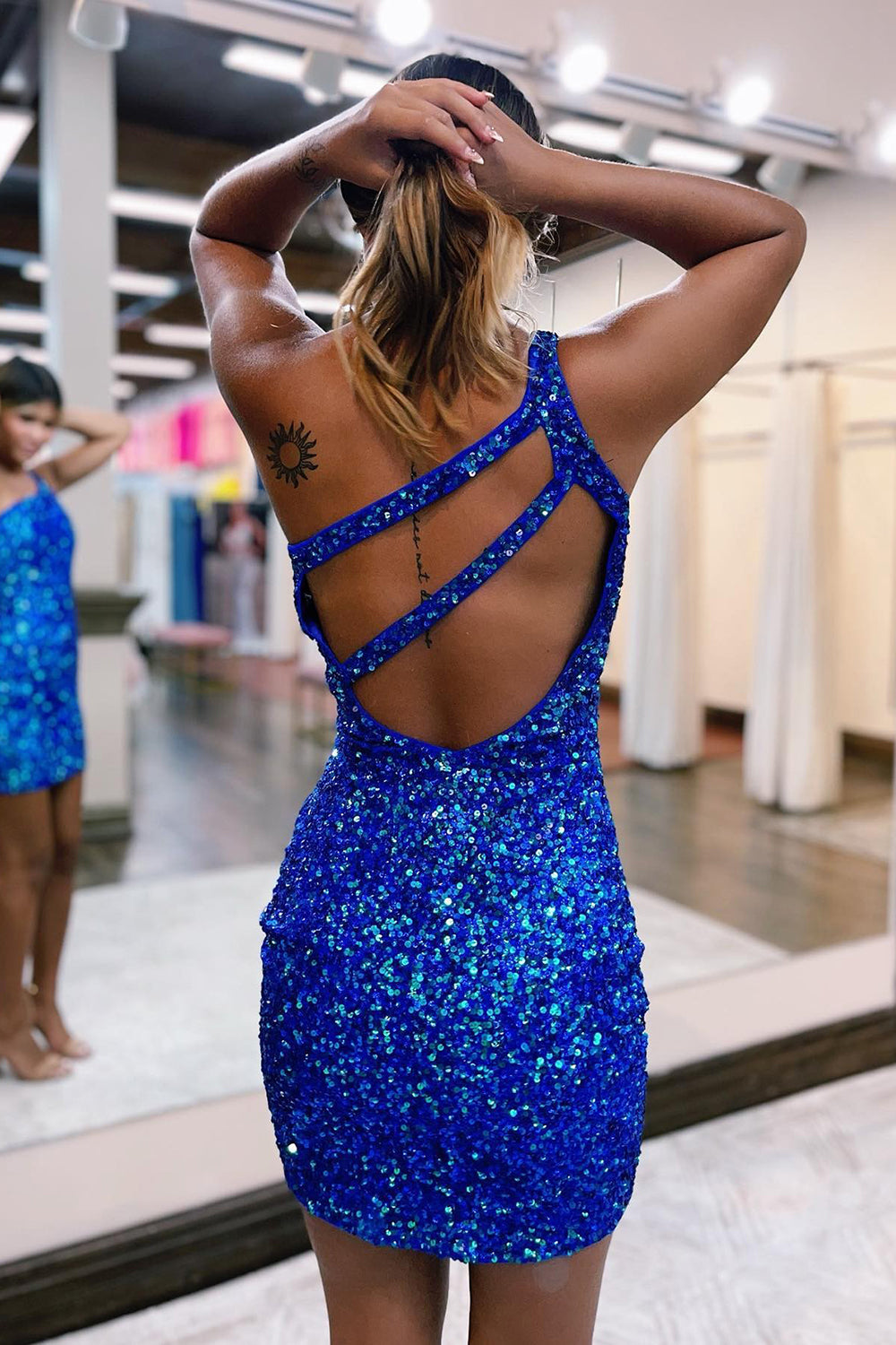 Sparkly Royal Blue One Shoulder Sequins Homecoming Dress