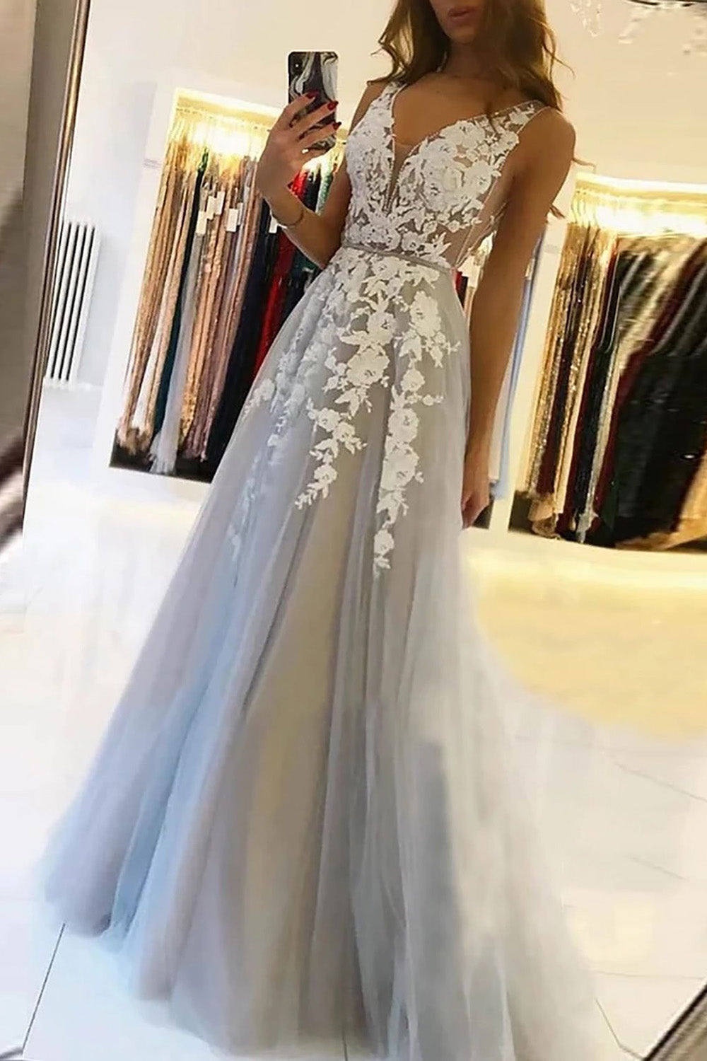 Graceful Grey Tulle A-Line V-Neck Wedding Dress with Appliques