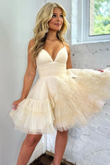 Glitter Pink Tulle A-Line Short Ruffled Homecoming Dress