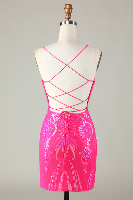 Sparkly Pink Spaghetti Straps Backless Tight Sequins Short Homecoming Dress