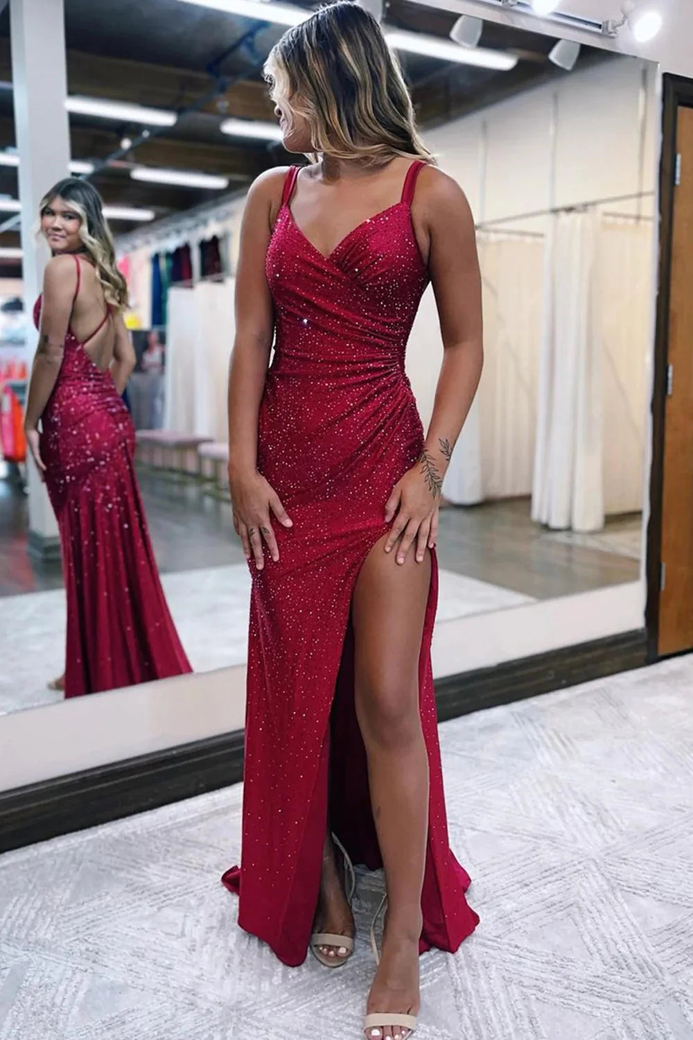 Sparkly Dark Red Spaghetti Straps Sheath Long Prom Dress with Slit