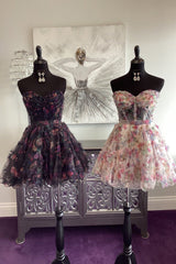 Pink Corset Sweetheart Floral A-Line Short Homecoming Dress with Ruffles