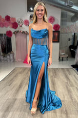 Blue Sheath Corset Long Prom Dress with Slit