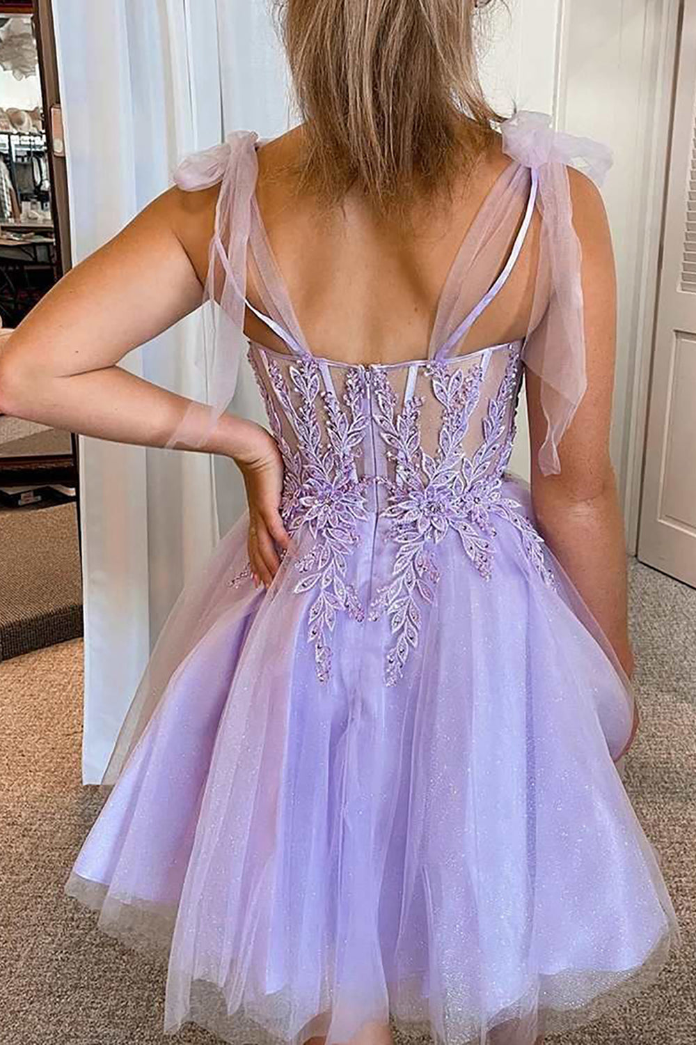 Purple Corset A-Line Tulle Short Homecoming Dress with Lace