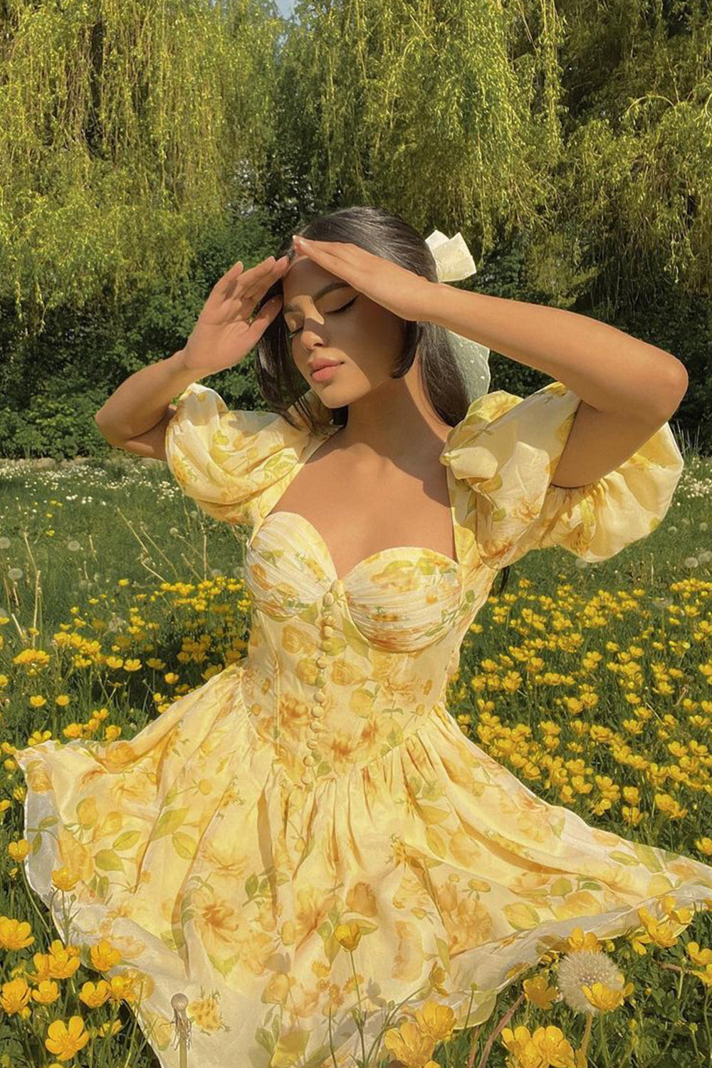 Ballet Style Yellow A-Line Sweetheart Printed Short Graduation Dress