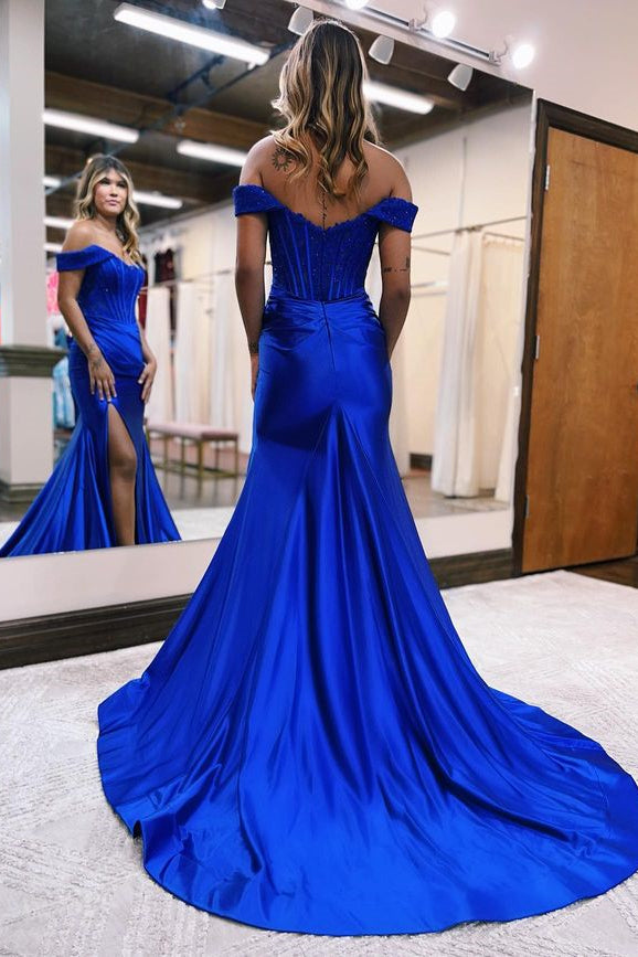 Elegant Sequins Off-The-Shoulder Evening Dress with Pleated Slit