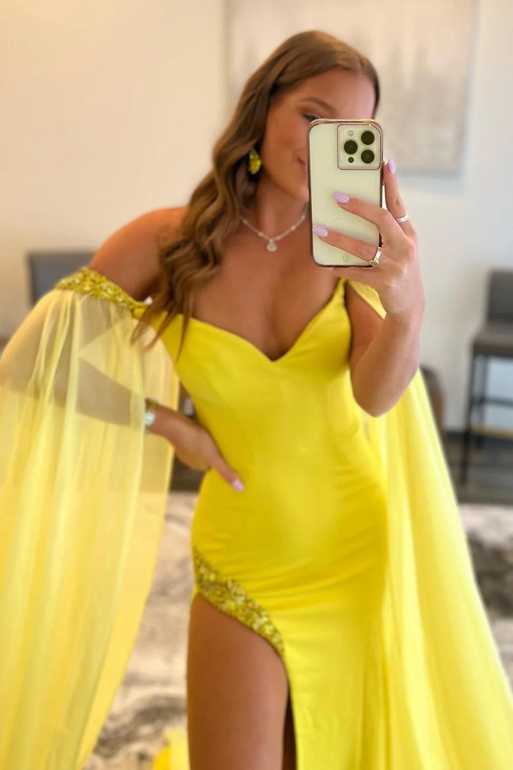 A Line Off the Shoulder Yellow Long Prom Dress with Slit