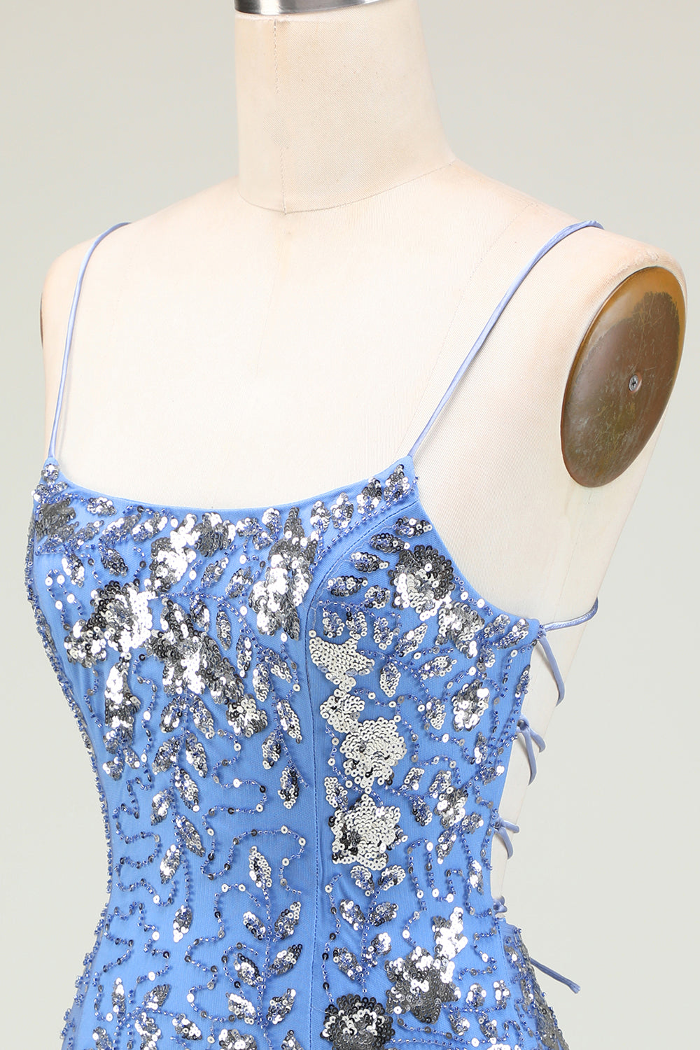 Sparkly Blue Beaded Sequins Backless Tight Homecoming Dress