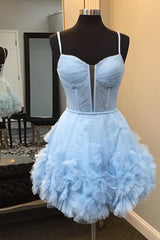 Glitter Blue Corset Tulle A-Line Tulle Short Homecoming Dress With Pocket