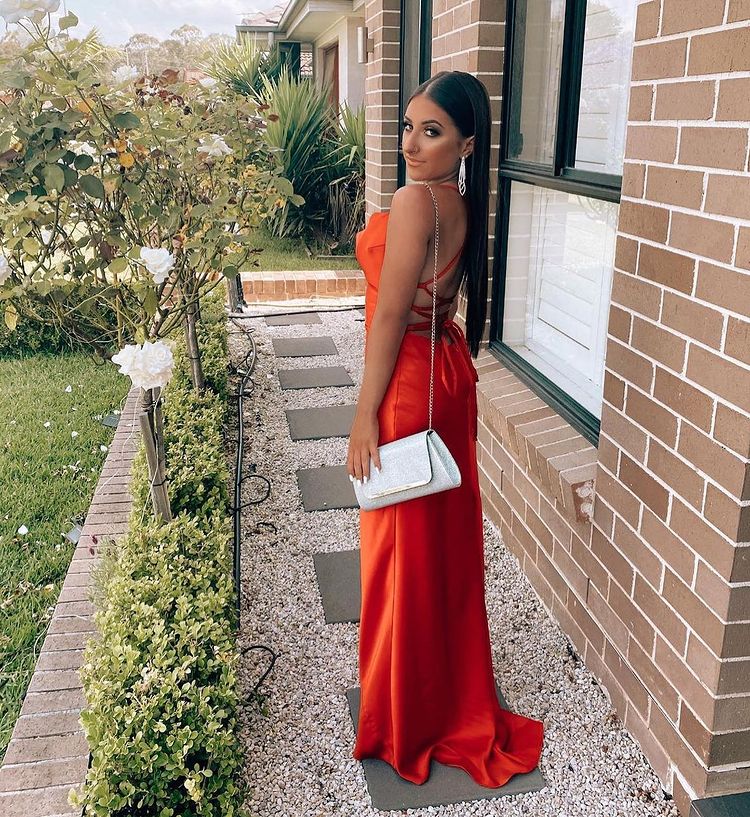 Red Spaghetti-Strap Evening Dress with Slit