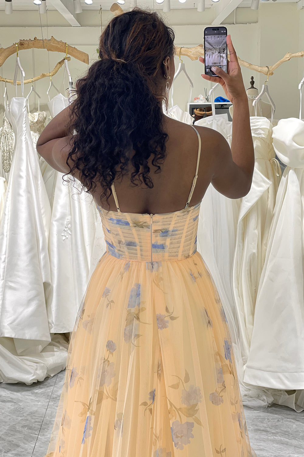 Yellow Tulle A Line Long Tiered Prom Dress