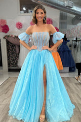 Sparkly Blue Beaded Detachable Short Sleeves A-Line Long Prom Dress with Slit