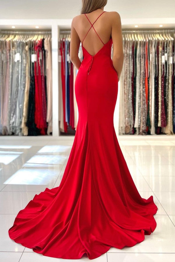 Red Mermaid Evening Dress Spaghetti Strap Long