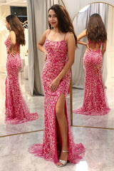 Fuchsia Mermaid Long Appliqued Prom Dress With Slit