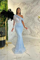 Elegant One Shoulder Long Sleeve Mermaid Evening Dress On Sale with Sequins