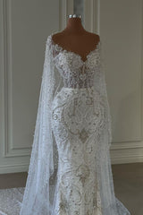 Long Sleeve White Wedding Dress with Beading on Tulle 