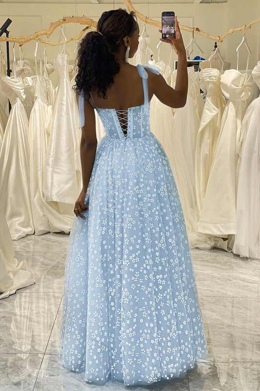 Sky Blue A Line Long Corset Prom Dress With Adjustable Straps