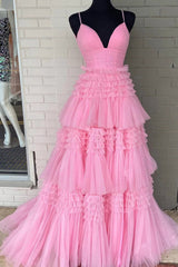 Fuchsia Tulle Spaghetti Straps Long Prom Dress