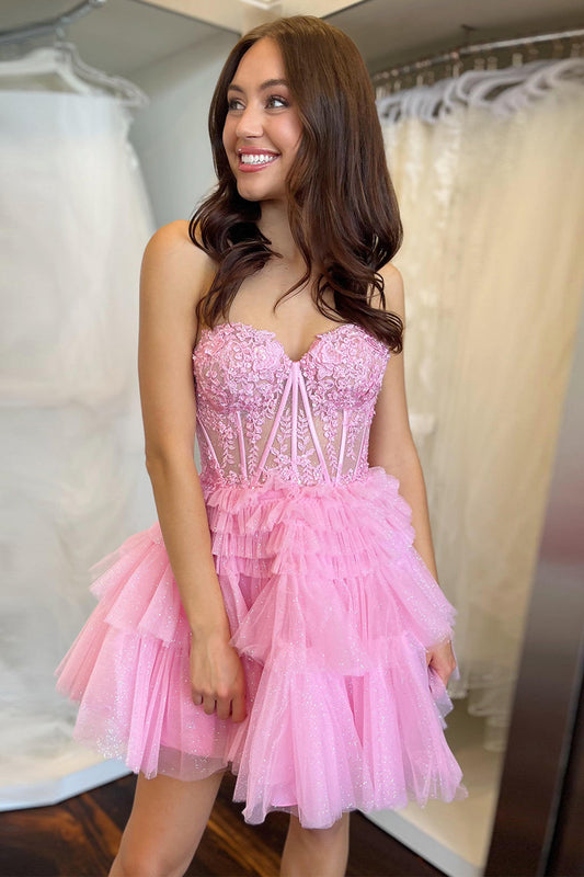 Glitter Pink Corset A-Line Tiered Short Homecoming Dress with Lace