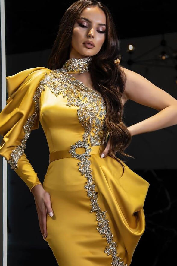 Yellow Halter One-Shoulder Mermaid Long Sleeve Evening Dress with Beading