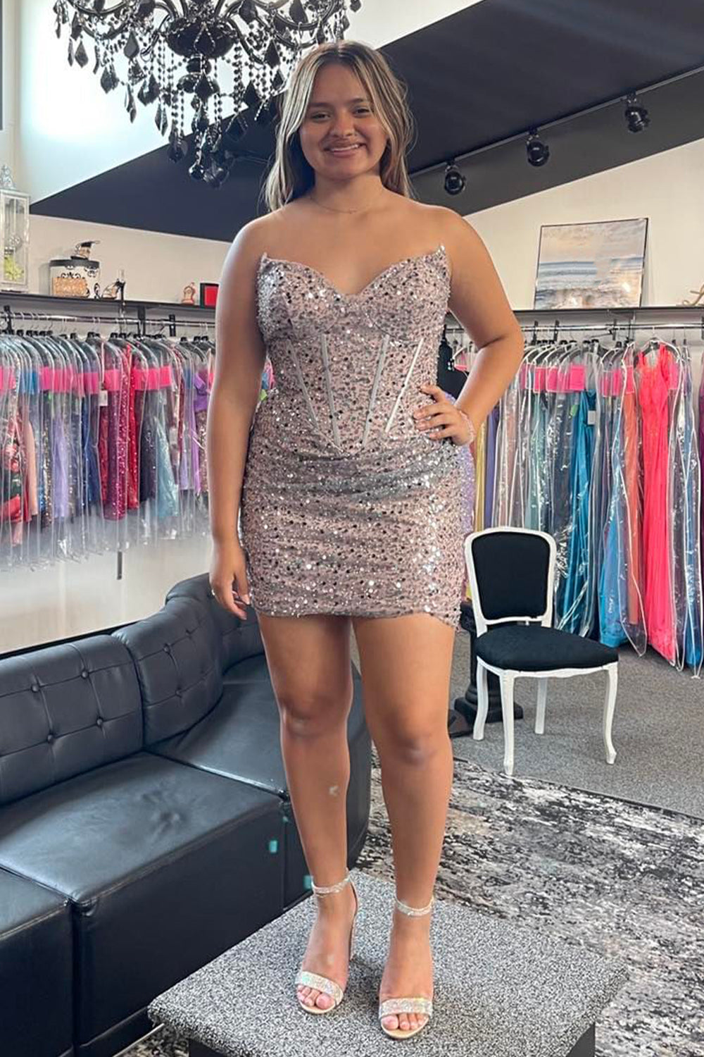 Sparkly Grey Pink Sequin Corset Tight Short Homecoming Dress