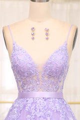 Lilac A-Line Spaghetti Straps Long Beaded and Tulle Prom Dress with Appliques