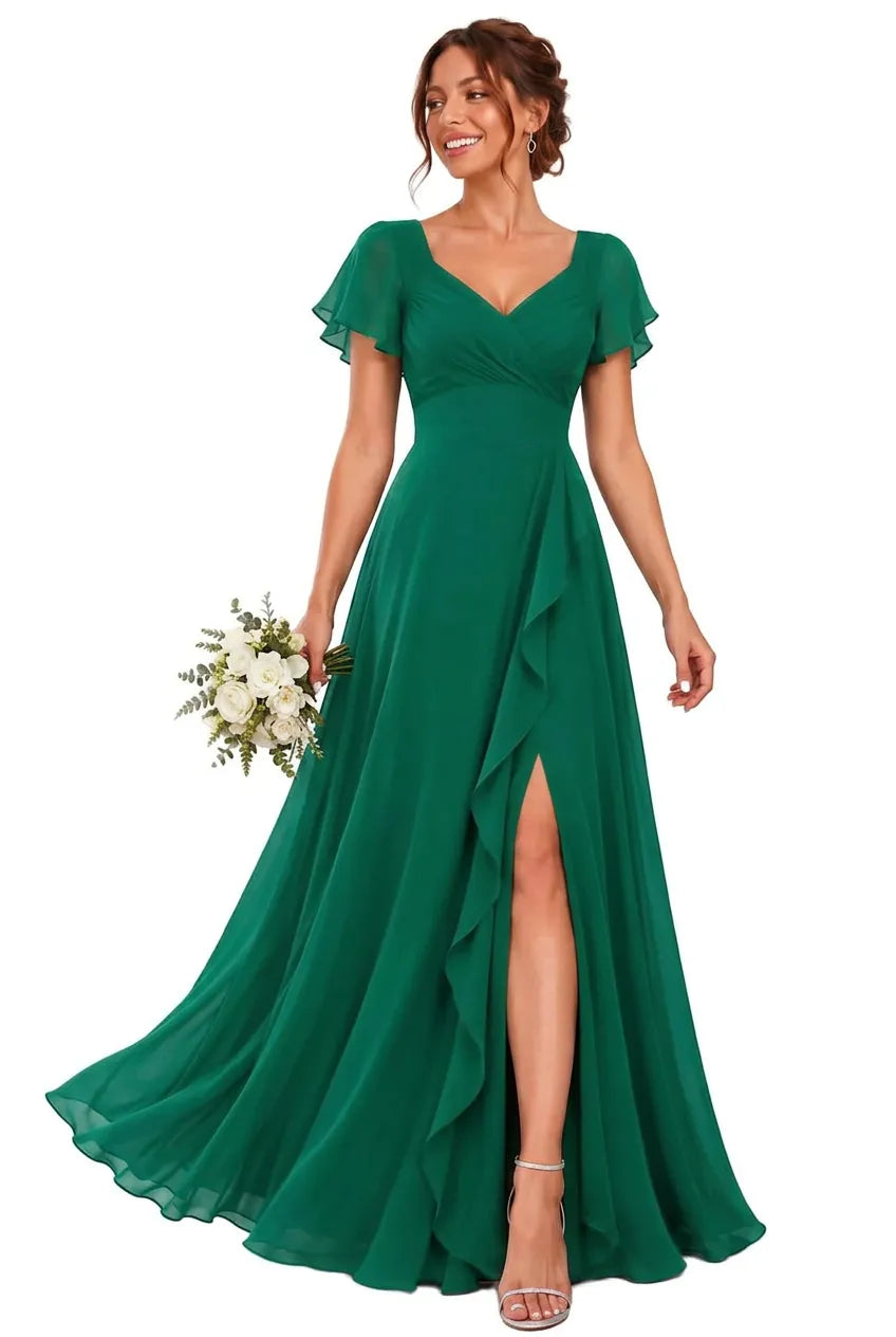Chiffon V-Neck Bridesmaid Dress with Flutter Sleeves and Slit