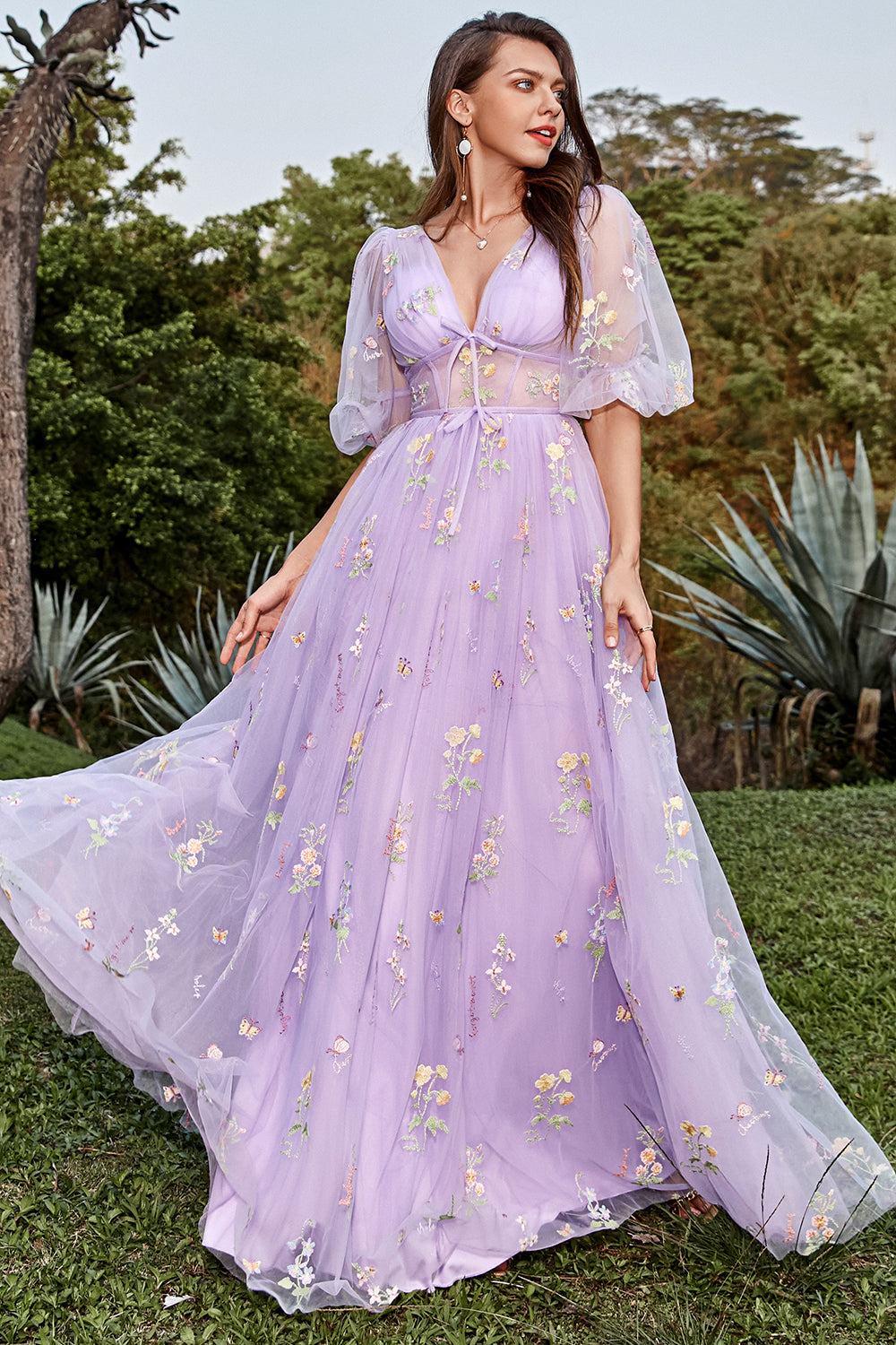 Purple V-Neck Embroidery Long Prom Dress with Sleeves