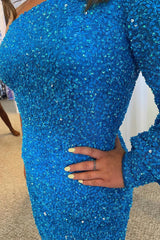 Blue One Shoulder Sequins Tight Homecoming Dress