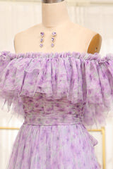 Light Purple Tulle A Line Off the Shoulder Long Prom Dress