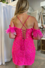 Sparkly Fuchsia Sequin Lace Tight Short Homecoming Dress with Feathers