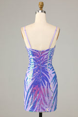 Glitter Purple Spaghetti STraps Tight Sequins Short Homecoming Dress