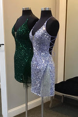 Sparkly Dark Green Sequin Tight Homecoming Dress with Fringes