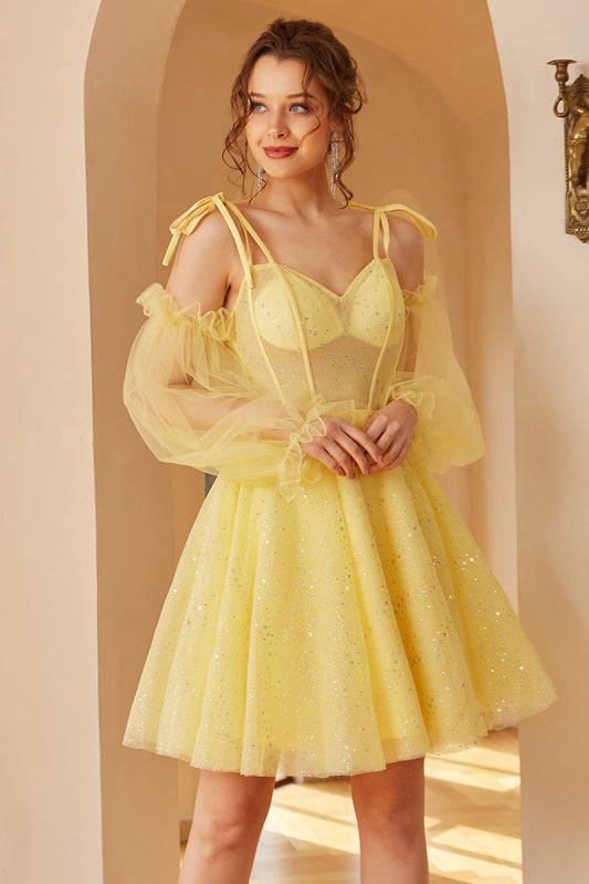 Yellow Spaghetti Straps Short Party Dress