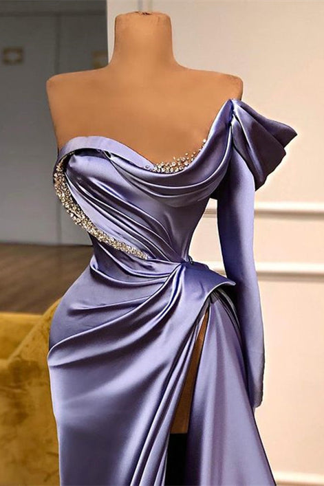 Purple One Shoulder Long Sleeves Evening Dress with Beadings and Split Mermaid