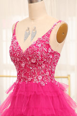 Sparkly Fuchsia A Line Beaded Appliques Tiered Long Prom Dress With Slit