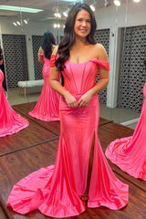 Orange Corset Off the Shoulder Long Prom Dress with Slit